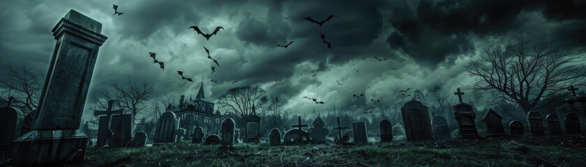 Dark, eerie cemetery with tombstones and crows in a stormy sky, creating a frightening and ghostly atmosphere.