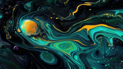 Obraz premium Abstract black background with swirling waves of vibrant color, patterns in shades of blue, green, yellow, and orange. Generative AI