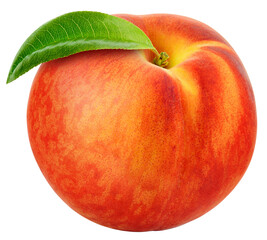 Peach with leaf isolated png. PNG format. Whole peach on transparent background. Peach with leaves no background. Full depth of field.