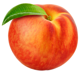 Peach with leaf isolated png. PNG format. Whole peach on transparent background. Peach with leaves no background. Full depth of field.