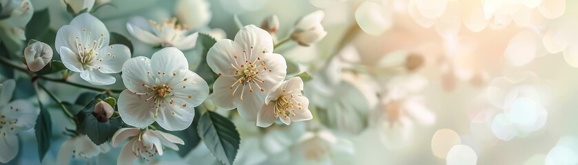 Delicate arrangement of white and green flowers and leaves on a soft pastel background, perfect for elegant invitations and naturethemed designs