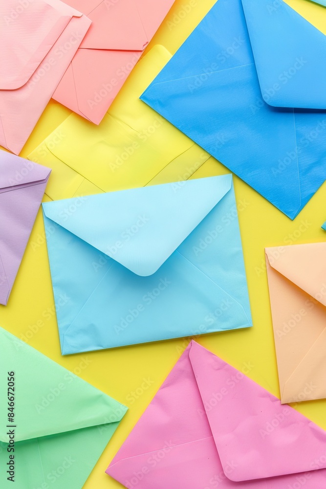 Poster vibrant envelopes in varied shapes floating on gradient background, showcasing minimalist design