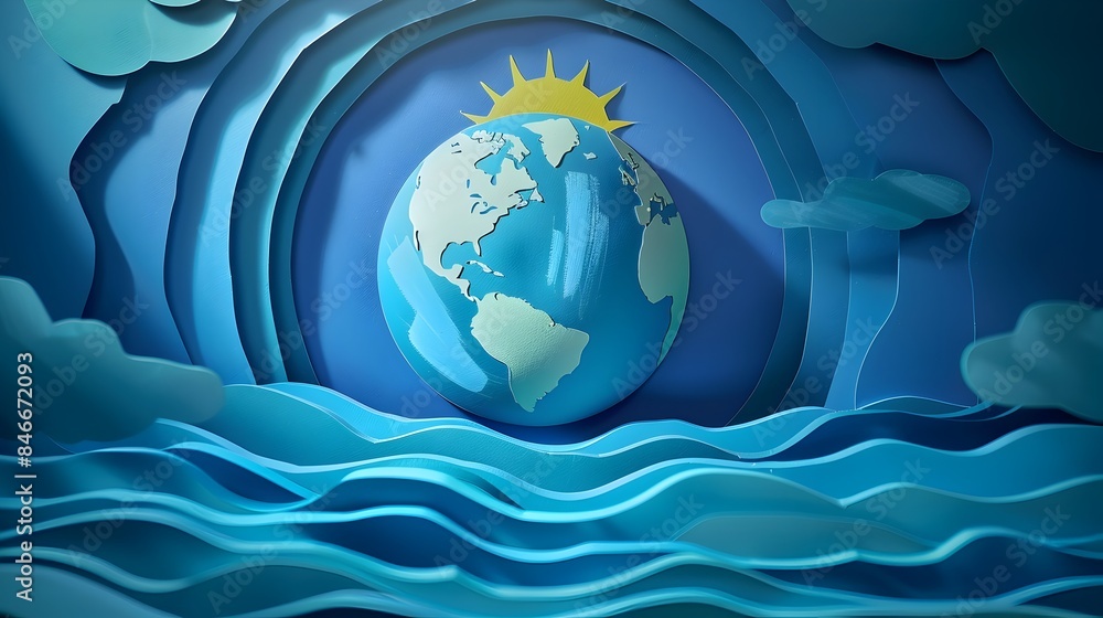 Poster minimalist paper cut earth with highlighted ozone layer and deflecting uv rays