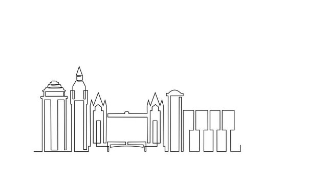 Animated self drawing of London skyline video illustration. Modern city in Europe in simple linear style video design concept. One of big city in England. Iconic architectural building design video.