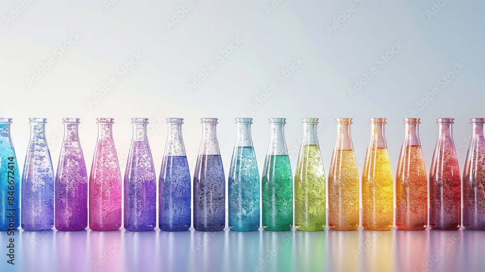 Poster a row of colorful bottles with different colored liquids inside. the bottles are lined up in a row, 