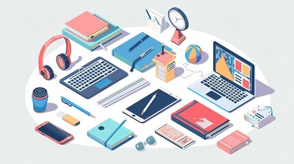 Obraz premium Minimalist illustration, Tech-enhanced education featuring classroom technology and digital resources, alongside traditional teaching aids, emphasizing hands-on learning and copy s