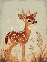 Sweet nursery art watercolor painting wall art for kids, children feature cute cartoon deer in the forest background, wallpaper