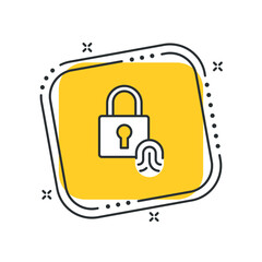 Cartoon touch id icon vector illustration. Fingerprint with lock on isolated yellow square background. Biometric identification sign concept.