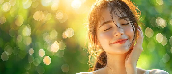 Fototapeta premium Serene Young Woman Enjoying Nature with Sunlight and Bokeh Background