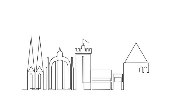 Animated self drawing of Bielefeld skyline video illustration. Modern city in Europe in simple linear style video design concept. One of big city in Germany. Iconic architectural building design video