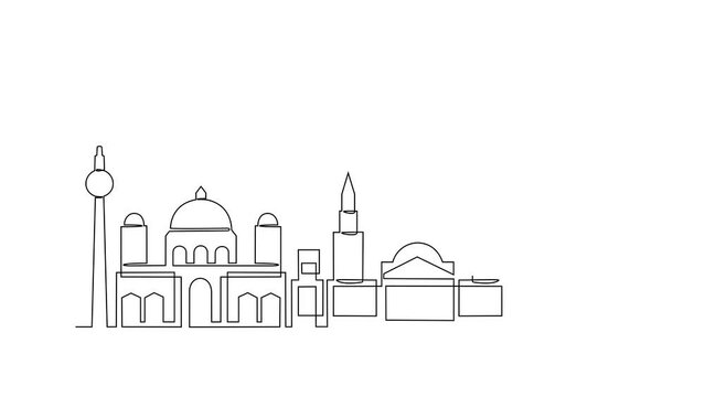 Animated self drawing of Berlin skyline video illustration. Modern city in Europe in simple linear style video design concept. One of big city in Germany. Iconic architectural building design video