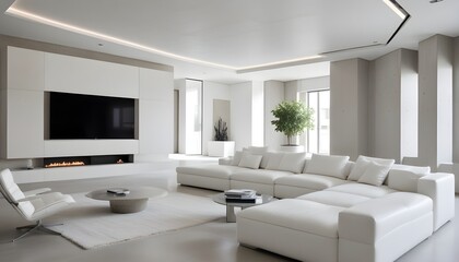 Fototapeta premium High end modern living room with white leather couch and a large flat screen tv mounted on the wall, brutalist architecture mixed with modern futuristic minimal design