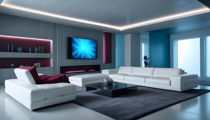 High end modern living room with white leather couch and a large flat screen tv mounted on the wall, brutalist architecture mixed with modern futuristic minimal design