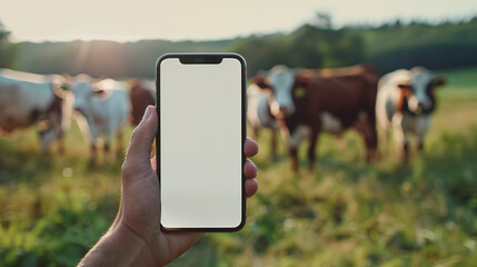 mockup phone copy space in hand with blurred cattle dairy cow farm pasture in background