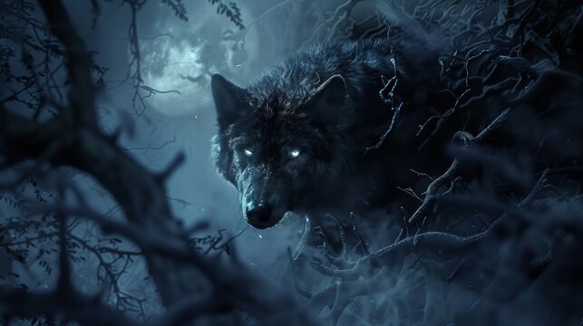 A wolf is standing in the dark woods with glowing eyes, AI