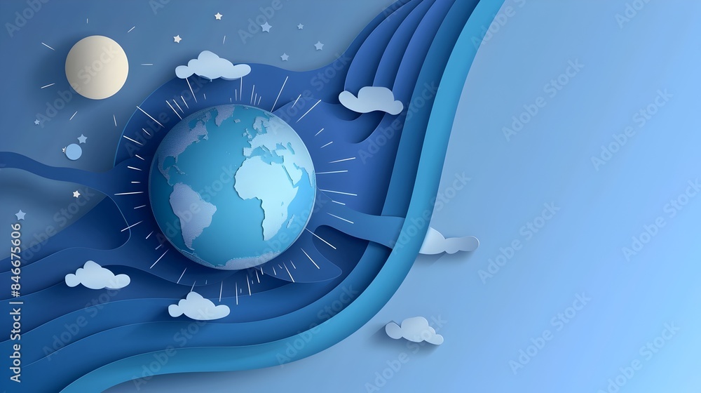 Poster minimalist paper cut style globe with highlighted ozone layer and uv light deflection