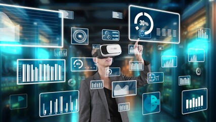Woman selecting big data dynamic market percentage analysis graph by VR future global innovation interface digital infographic network technology visual hologram animation at server room. Contraption.
