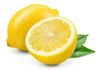 Lemon fruit with leaf isolated png. Lemons half and a whole with leaves on transparent background....