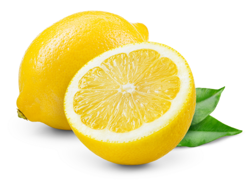 Lemon fruit with leaf isolated png. Lemons half and a whole with leaves on transparent background. PNG format. Full depth of field.