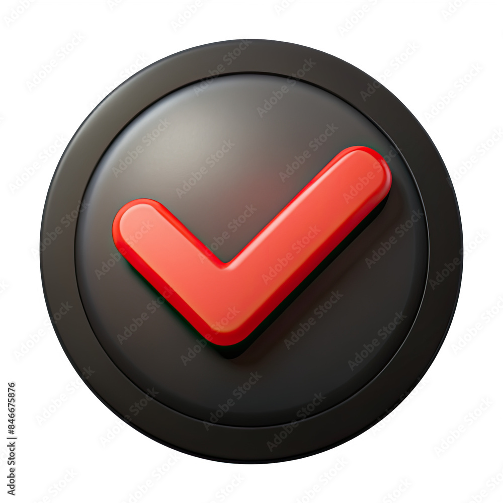 Poster a 3d rendering of a red checkmark icon inside a black circle, against a white background. generative