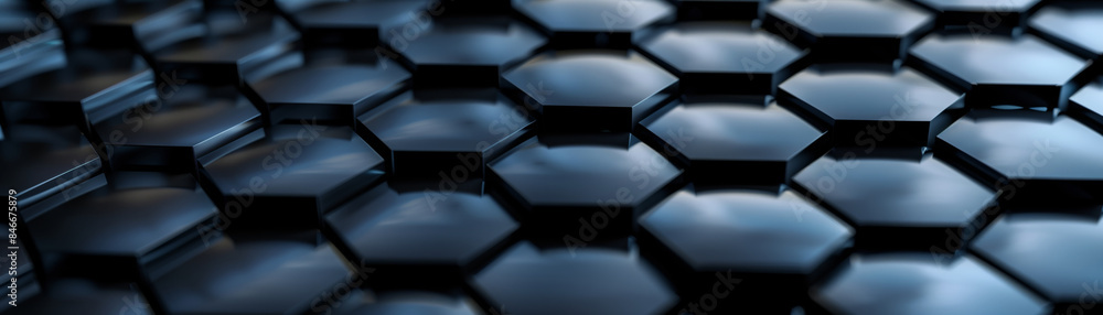 Poster Abstract close-up of glossy black hexagonal tiles creating a modern and futuristic 3D textured surface. Ideal for backgrounds and tech designs.