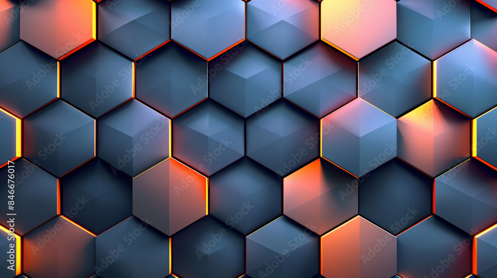 Poster abstract geometric pattern with 3d hexagons in gradient shades of blue and orange lighting. modern a