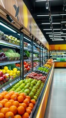 Selection of fresh fruits and vegetables in a grocery store aisle, showcasing a wide variety of products on display with no people present.