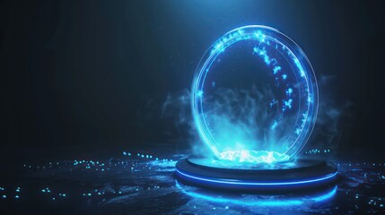Obraz premium Beautiful portal and hologram futuristic Neon color circle elements. The podium or showroom platform where the magic circle teleports. Cyberpunk style technology