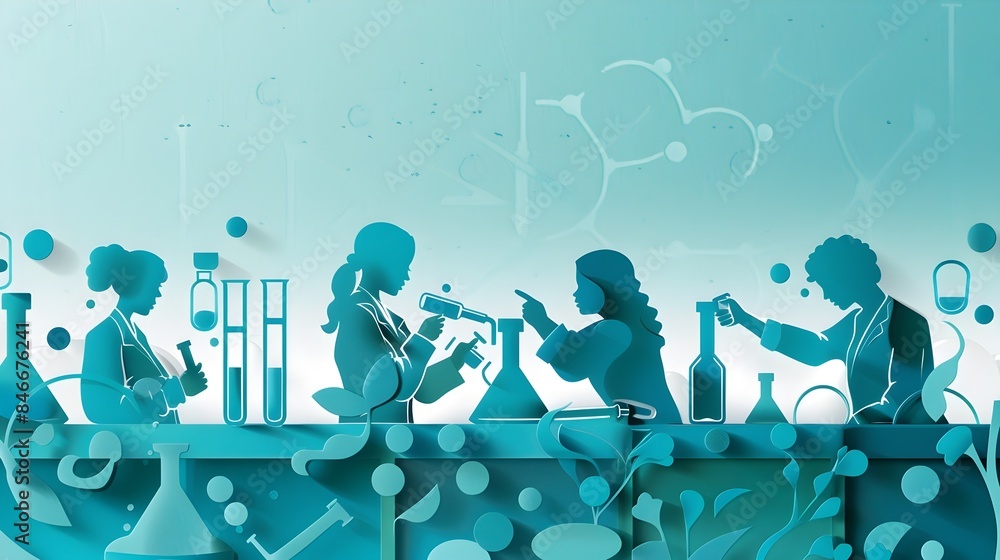 Poster minimalist paper cut style of students conducting science experiments in a laboratory setting