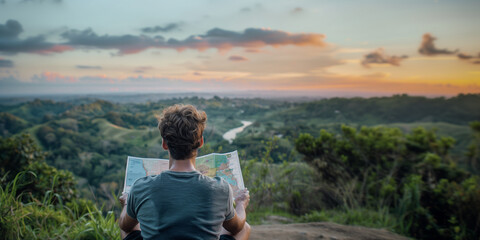 A man sits on top of a mountain and looks at a paper map that he holds in his hands.