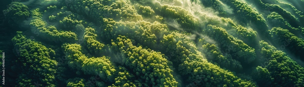 Poster aerial view of a lush green forest with sunlight filtering through, creating a peaceful and serene n