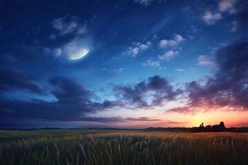 Obraz premium Summer Night Serenity: Moonbeams Bathe a Field Under a Starry Sky