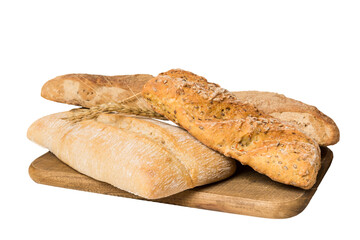 Freshly baked bread on cutting board isolated on white background . perspective view bread with copy space