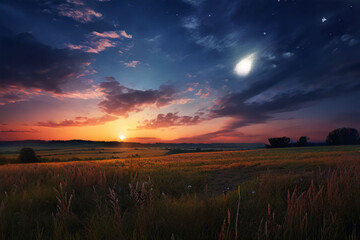 Fototapeta premium Summer Night Serenity: Moonbeams Bathe a Field Under a Starry Sky