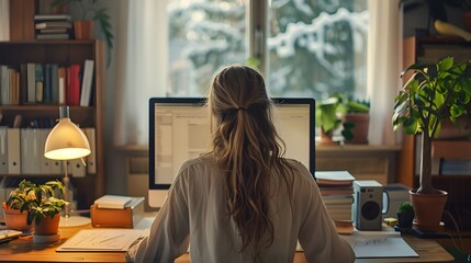 Digital Nomad Aesthetic: Woman's Cozy and Light-Filled Home Office with Laptop and Plants