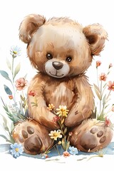 Sweet nursery art watercolor painting wall art for kids, children feature cute teddy bear with flowers background, wallpaper