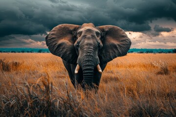 Naklejka premium Elephant in the African Savannah, Majestic Closeup in Natural Habitat