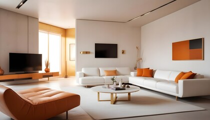 Fototapeta premium High end modern living room with white leather couch and a large flat screen tv mounted on the wall, brutalist architecture mixed with modern futuristic minimal design