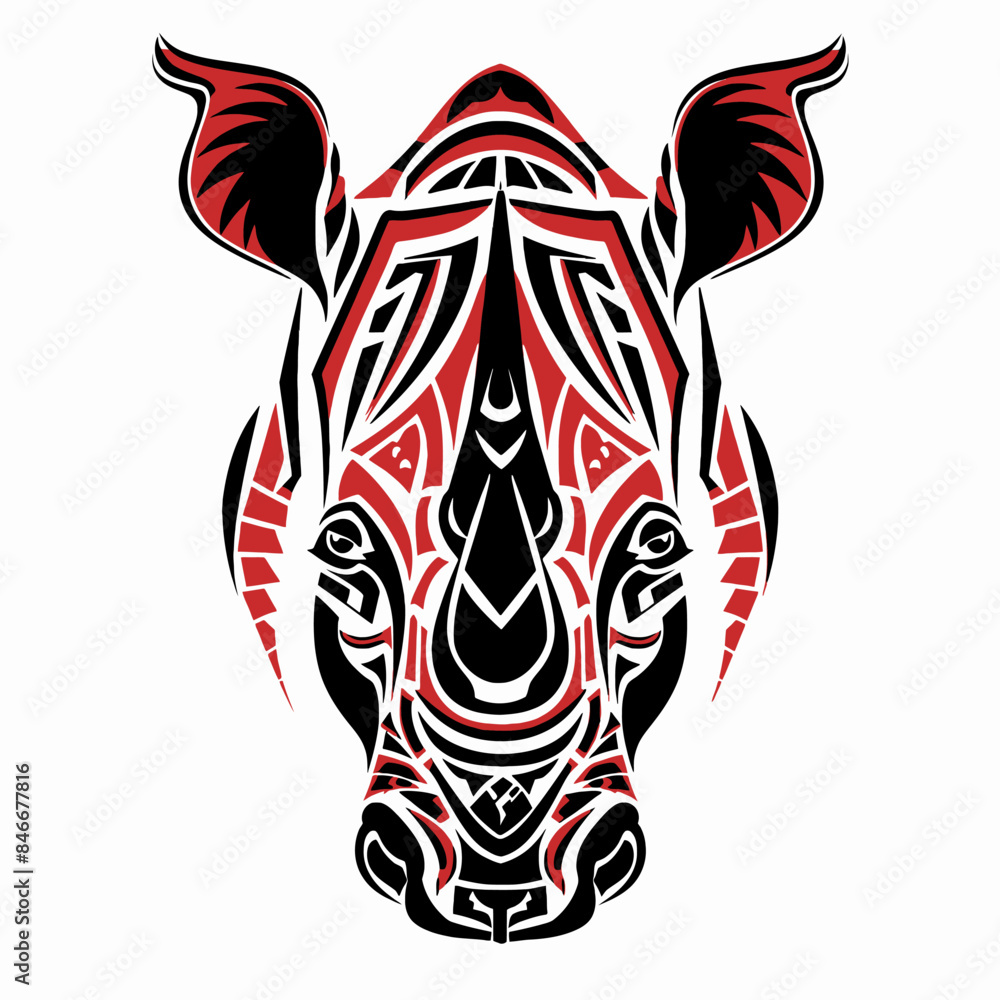 Poster Red Black Tribal Rhinoceros Illustration