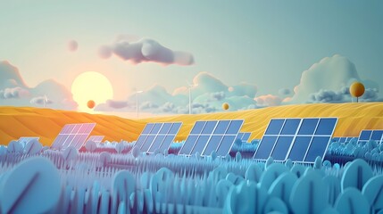 Fototapeta premium Minimalist Papercut Solar Panel Array in Vast Countryside Landscape