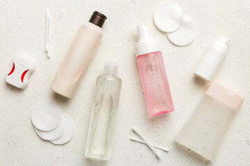 Mockup for bathing products top view flat lay, spa razor, toothpaste, soap, gel and other various accessories. Cosmetics for skin health. Bath Mockup for your logo