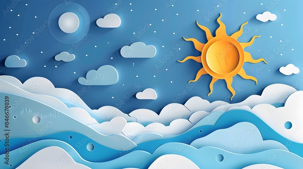 Poster minimalist papercut style of ozone layer blocking harmful uv rays