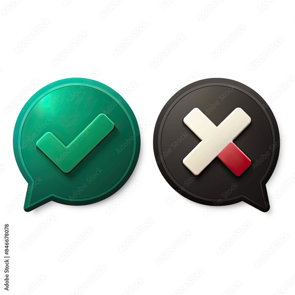 Poster an illustration of a green checkmark and a red cross inside speech bubbles. the checkmark is in a gr