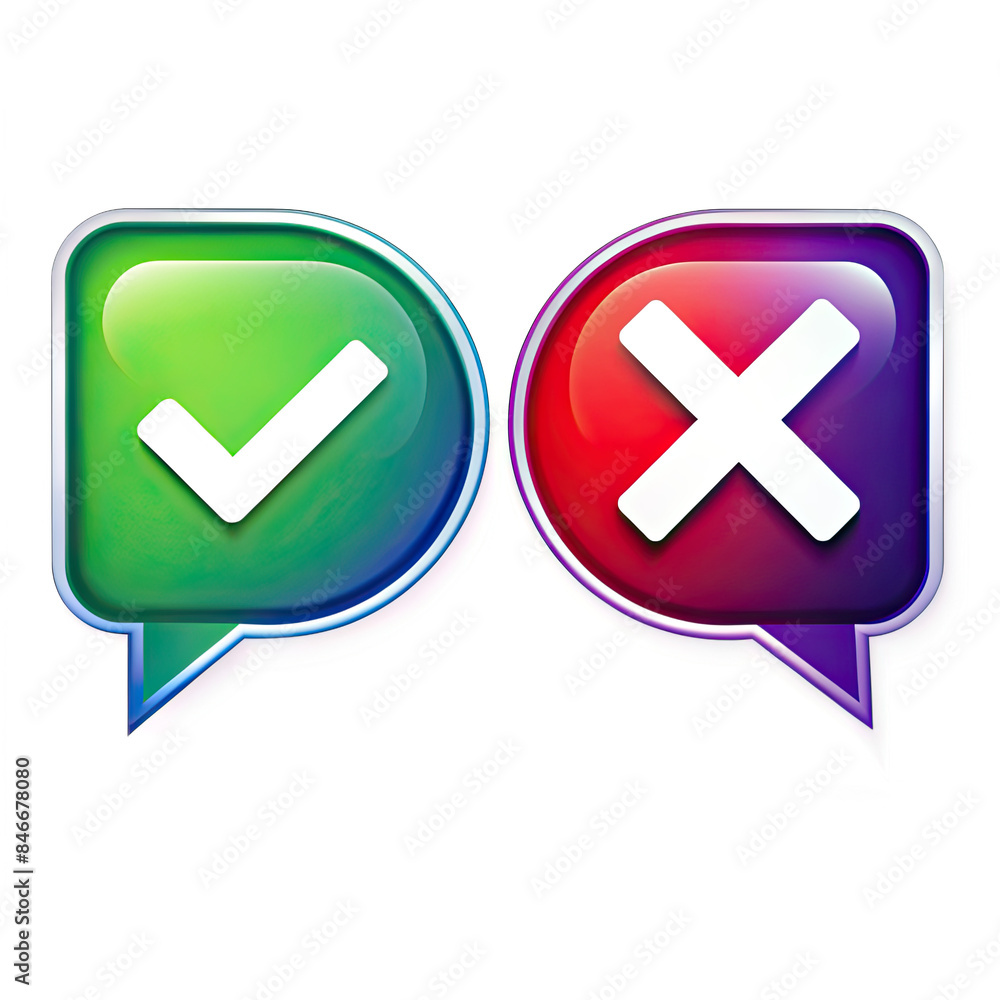 Poster a digital illustration of two speech bubbles. one is green with a white checkmark, and the other is 