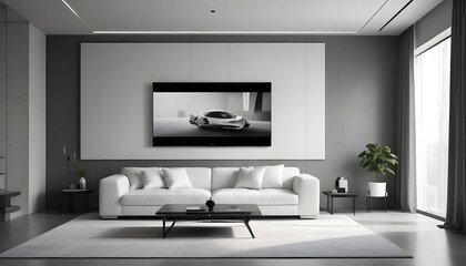 High end modern living room with white leather couch and a large flat screen tv mounted on the wall, brutalist architecture mixed with modern futuristic minimal design