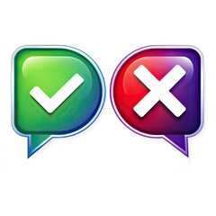 A digital illustration of two speech bubbles. One is green with a white checkmark, and the other is red with a white cross. Both bubbles are glossy and have a 3D effect. Generative AI