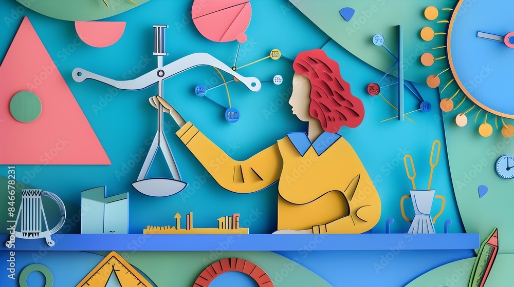 Poster paper cut style of physics with pendulum and instruments
