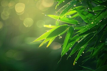Close-up of green bamboo leaves with dew drops in a serene, sunlit forest setting, showcasing nature's beauty and tranquility.