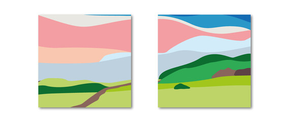 Obraz premium Flat illustration. Spring or summer landscape. Square stylish poster. Colorful sky, field, grass, green hills, horizon. Flat design. The concept of nature, tourism, travel...