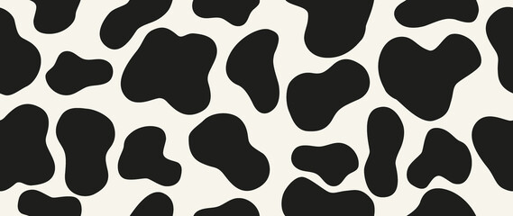 Flat illustration. Cow texture pattern. Animal skin pattern. Spots of black color on a white background. Ideal for textile design, screensavers, covers, cards, invitations and posters...